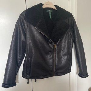 LAUREN RALPH LAUREN, Faux Suede Moto Jacket with Faux Fur/Sherpa, Size Petite Md